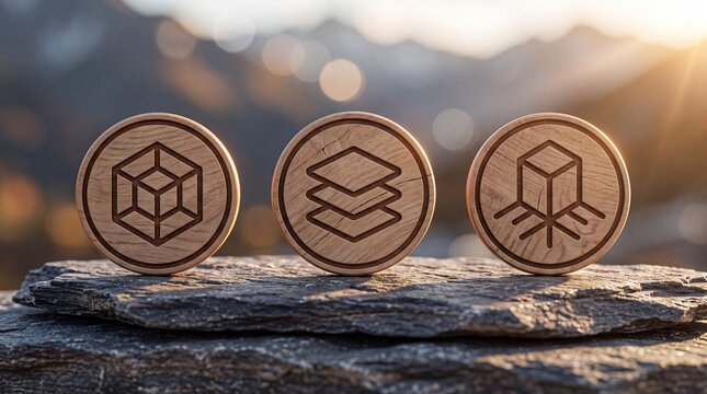 Three wooden discs with geometric symbols standing on a stone surface against a blurred mountain background in warm light with carved geometric shapes shapes rest rough blockchain