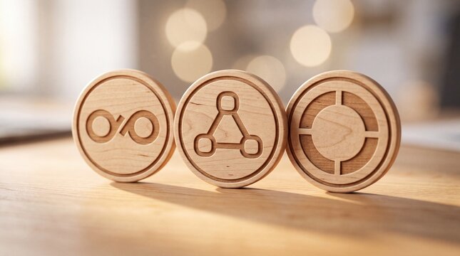 Three wooden discs with carved symbols standing on a light wooden table surface with blurred background with standing upright close up craftsmanship photography material