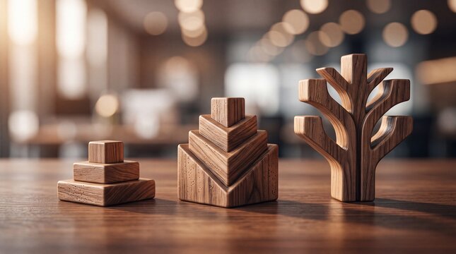 Three decorative wooden sculptures displayed on a polished wooden table in a blurred indoor setting with geometric wooden figures figures with figures