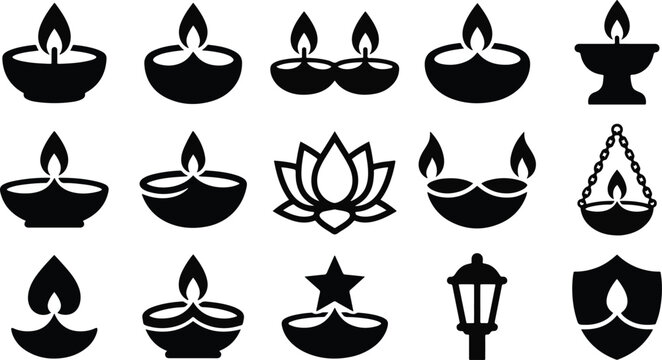 Set of black silhouette icons representing traditional oil lamps and decorative elements for the hindu festival of diwali