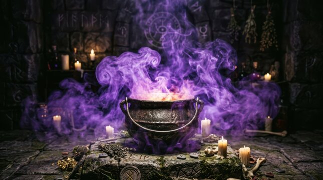 Black witch cauldron with purple magical smoke and glowing candles on a dark stone altar for halloween ritual and fantasy spell casting