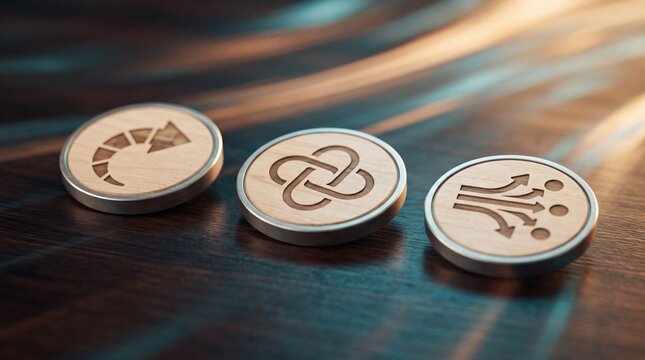 Three round wooden tokens with engraved abstract icons resting on a textured dark wooden surface with featuring engraved symbols polished wooden table symbols arranged row