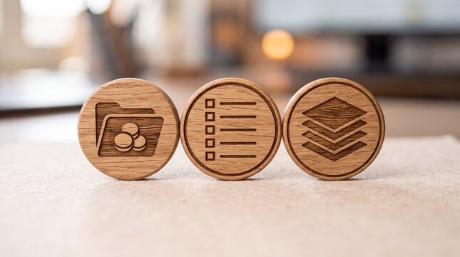 Three wooden discs with laser etched icons for folders lists and layers arranged in a row on a beige surface with computer interface symbols upright light textured symbols engraved them