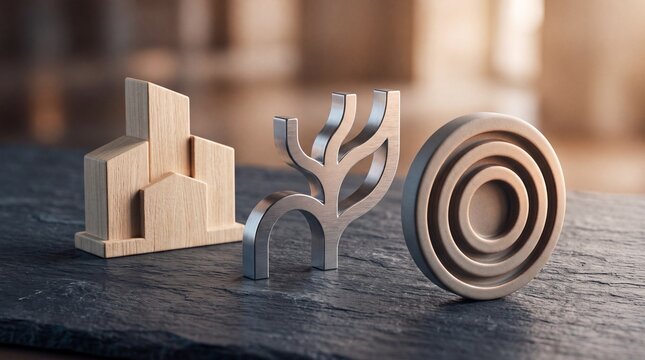Wooden and metal geometric shapes arranged on dark stone surface symbolizing business growth with Abstract wooden silver figures representing growth targets textured stone