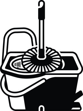 Black and white icon of a cleaning mop and a bucket for house chores and floor maintenance