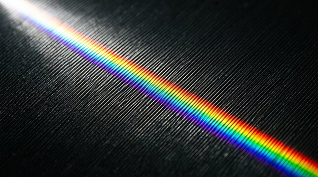 Diffraction grating surface with rainbow spectrum light refraction on black textured background