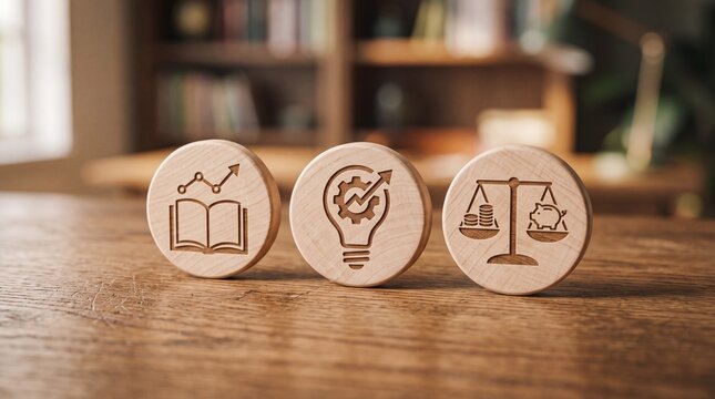 Three wooden discs engraved with education innovation and finance symbols sitting on a table with business icons representing representing learning ideas savings table development