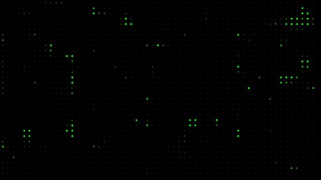 Glowing green digital dot matrix binary data grid animation on black background