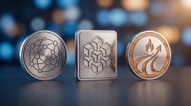 Three metallic tokens with engraved geometric symbols standing upright on a dark reflective surface background with Three circular rectangular metal tokens