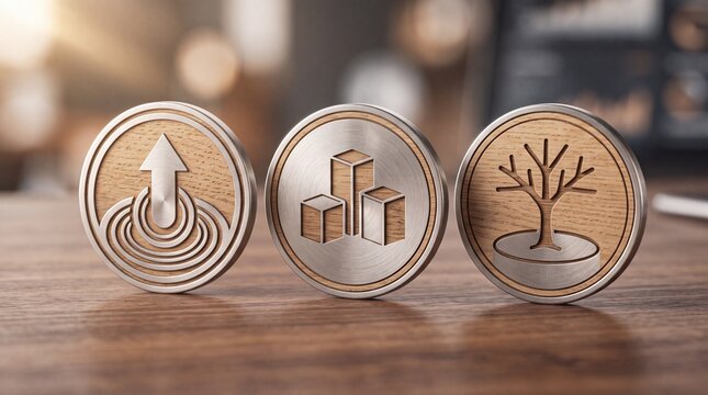 Three round wooden tokens engraved with business growth and nature symbols stand upright on a wooden table surface in a professional office environment with carved symbols