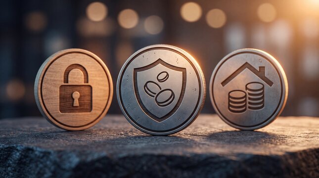 Three metallic coins with engraved icons of a padlock shield and house on stone surface with featuring embossed symbols symbols security finance three circular metal finance resting dark