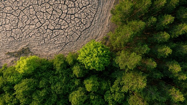 Aerial view of a forested landscape showing a stark contrast between thriving green trees and brown patches of land affected by drought, suggesting environmental imbalance and the impact of global.