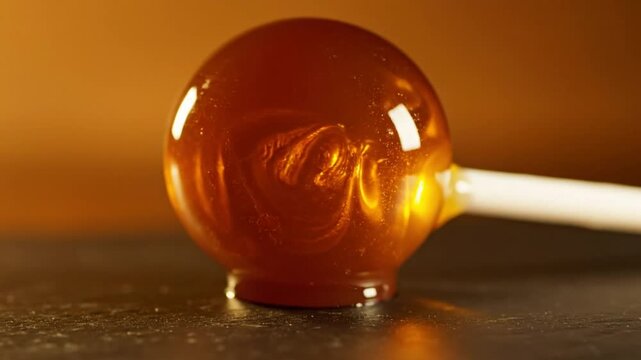 Close-up of a golden caramel lollipop on a dark surface against a warm orange background