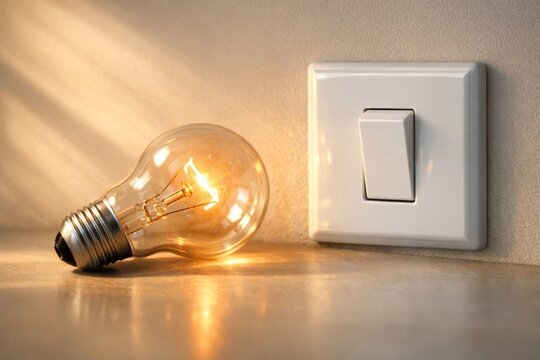 Glowing incandescent light bulb beside a wall switch on a warm surface for lighting concept background and energy idea banner design