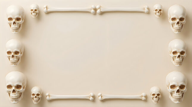 Decorative frame made of human skulls and bones on a light beige background for halloween design