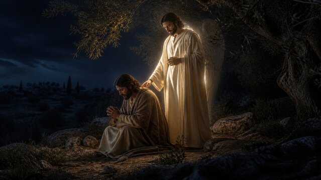 Jesus praying in garden of Gethsemane at night. Angel from heaven strengthening son of God in prayer. Biblical scene of agony on mount of Olives. Christian faith and Easter concept