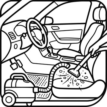 Black and white line icon Black and white line icon of a person vacuuming the interior of a car seatof a person vacuuming the interior of a car seat