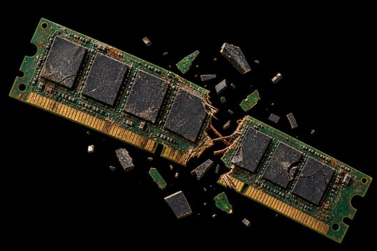 Broken computer RAM memory module snapping apart with flying debris over black background