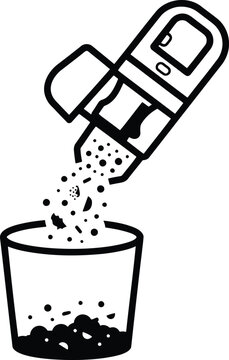 Black and white icon of a seasoning shaker pouring spices or salt into a small glass container