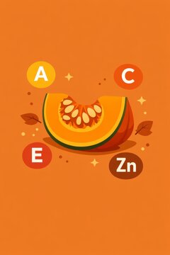 Pumpkin slice graphic with vitamin a c e and zinc icons for nutrition and health poster or food education background