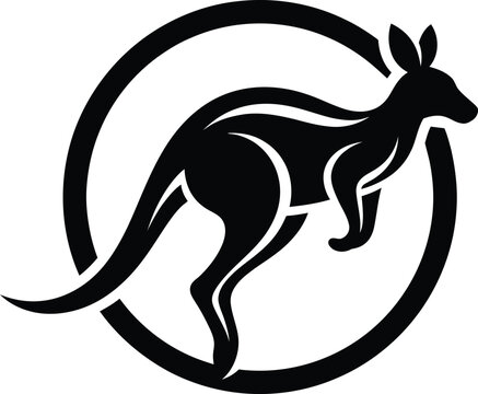 Black kangaroo silhouette jumping inside a circular frame vector logo with australia anima
