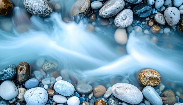 Water Flowing Over Smooth Stones: Crystal clear water gracefully cascades over a bed of smooth, colorful pebbles, creating a mesmerizing abstract pattern of light and motion.