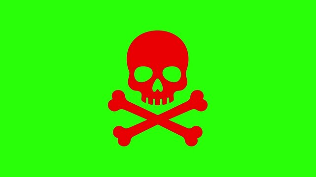 Danger skull animated flashing red poison hazard warning symbol in 4k green screen background