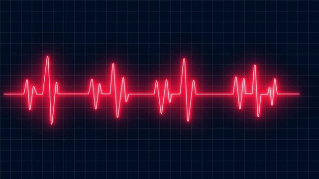 Broken heart syndrome concept ,Electrocardiogram heartbeat pulse monitor glowing red light dark grid background showing vital. Neon line electrocardiogram animation. 4K video