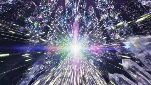 Abstract futuristic crystal tunnel journeying towards bright white light surrounded by shimmering reflections