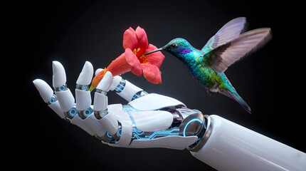 Fototapeta premium A sleek robotic hand holding a blooming red flower as a colorful hummingbird hovers to feed against a dark background.