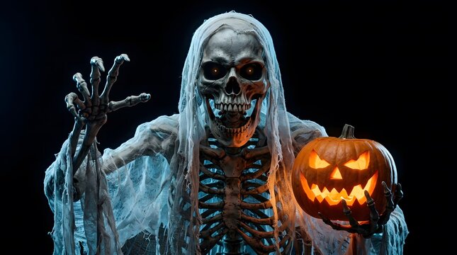 A chilling halloween specter emerges from the darkness clutching a glowing jack o' lantern with sinister intent