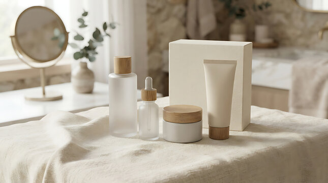 Natural skincare products with wooden accents, including bottles, jar, and tube, on a textured linen cloth isolated on a transparent background