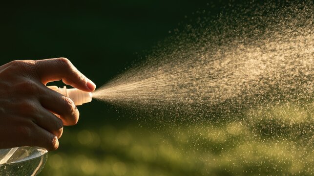Hand spraying water mist from a spray bottle against a dark green natural background.