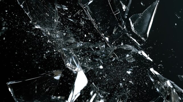 Abstract macro close up of shattered glass texture on dark background.