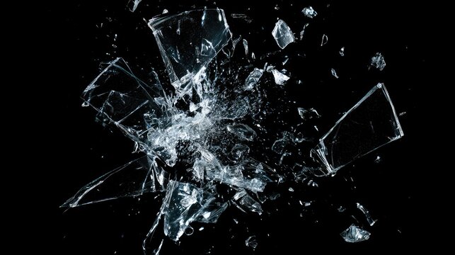 Abstract Shattered Glass Pieces Exploding on Black Background.
