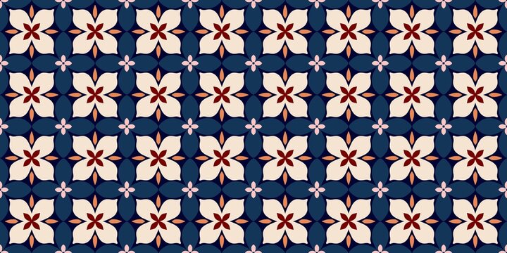 ​Seamless floral geometric pattern in a mosaic style. Deep blue, cream, burgundy, and salmon palette. Mediterranean and traditional aesthetic. High-quality vector illustration. Ideal for textile and w