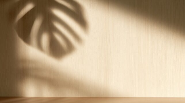 Abstract background with shadow of monstera leaf on beige wall.