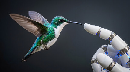 Fototapeta premium A green hummingbird in flight hovering near the glowing fingertip of a white robotic hand against a dark studio background.