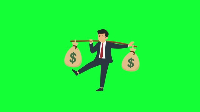 Businessman animated carrying heavy money bags on shoulder in 4k green screen background