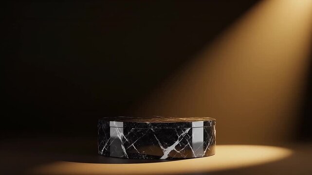 Premium dark marble display stand background illuminated by elegant yellow light rays