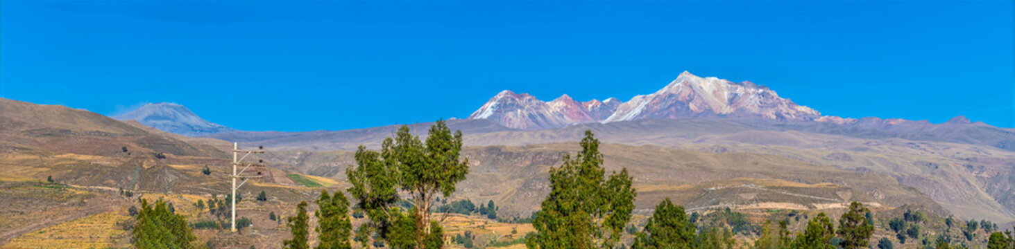 A panorama view of an Andean mountain landscape near the town of Yanque in the Colca Canyon region in southern Peru in the dry season