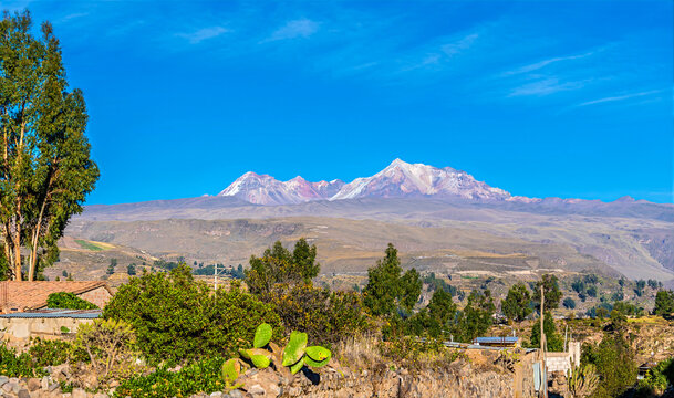 A view of an Andean mountain landscape near the town of Yanque in the Colca Canyon region in southern Peru in the dry season