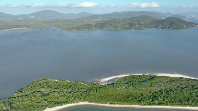 Florian&oacute;polis, Daniela Beach. Aerial View of Tropical Coastline. Establishing Shot. Santa Catarina, Brazil.