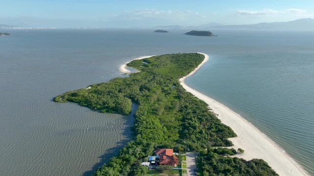 Florian&oacute;polis, Daniela Beach. Aerial View of Tropical Coastline. Establishing Shot. Santa Catarina, Brazil.