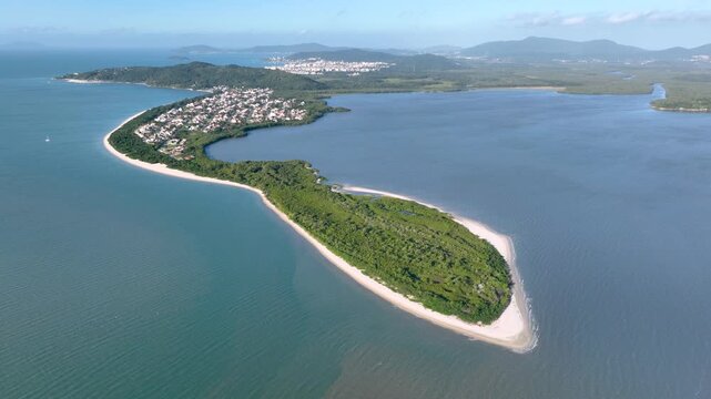 Florian&oacute;polis, Daniela Beach. Aerial View of Tropical Coastline. Establishing Shot. Santa Catarina, Brazil.