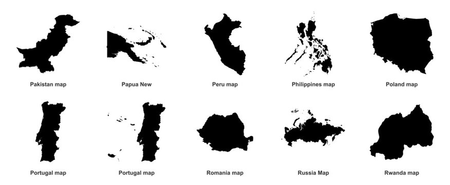Country map collection of Russia Poland Portugal Philippines Pakistan Peru Romania Rwanda Papua Guinea vector silhouettes isolated world atlas geography borders graphic.