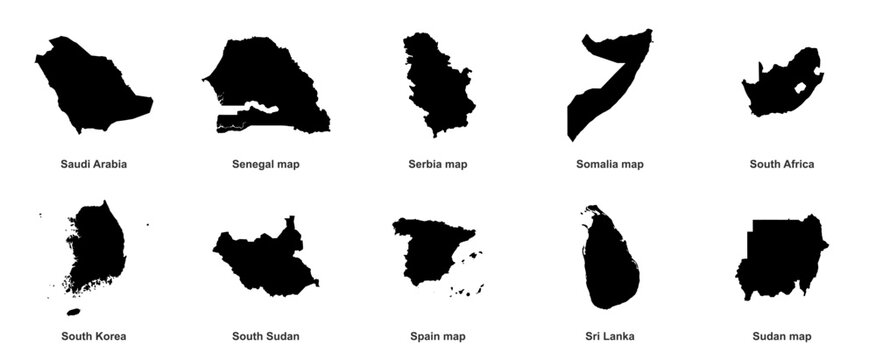 Country map set of Spain South Korea Africa Saudi Arabia Sri Lanka Sudan Senegal Serbia vector silhouettes isolated world atlas geography borders.