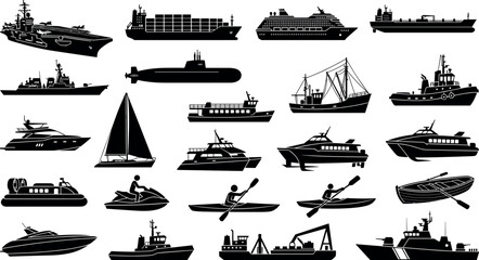 Maritime transport and ocean vessel solid icon set featuring cargo ships luxury yachts naval military fleet vector silhouette illustrations © Lipy