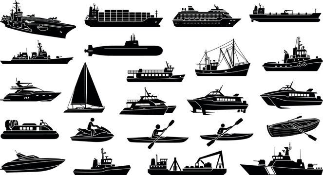 Maritime transport and ocean vessel solid icon set featuring cargo ships luxury yachts naval military fleet vector silhouette illustrations