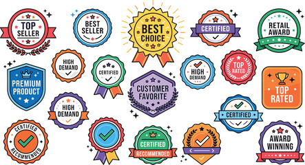 Naklejka premium Colorful Award Badge and Quality Seal Collection Featuring Top Seller, Best Product, Certified, Premium, Favorite and Guaranteed Emblems in Vector Style